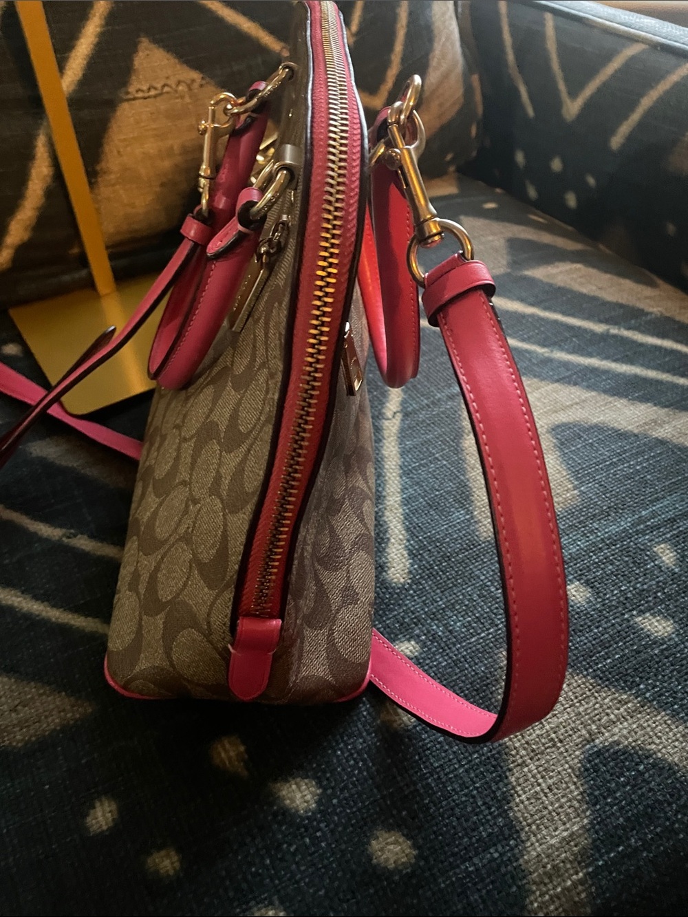 Coach Brown Signature Satchel with Pink Trim and Strap - Picture 7 of 11